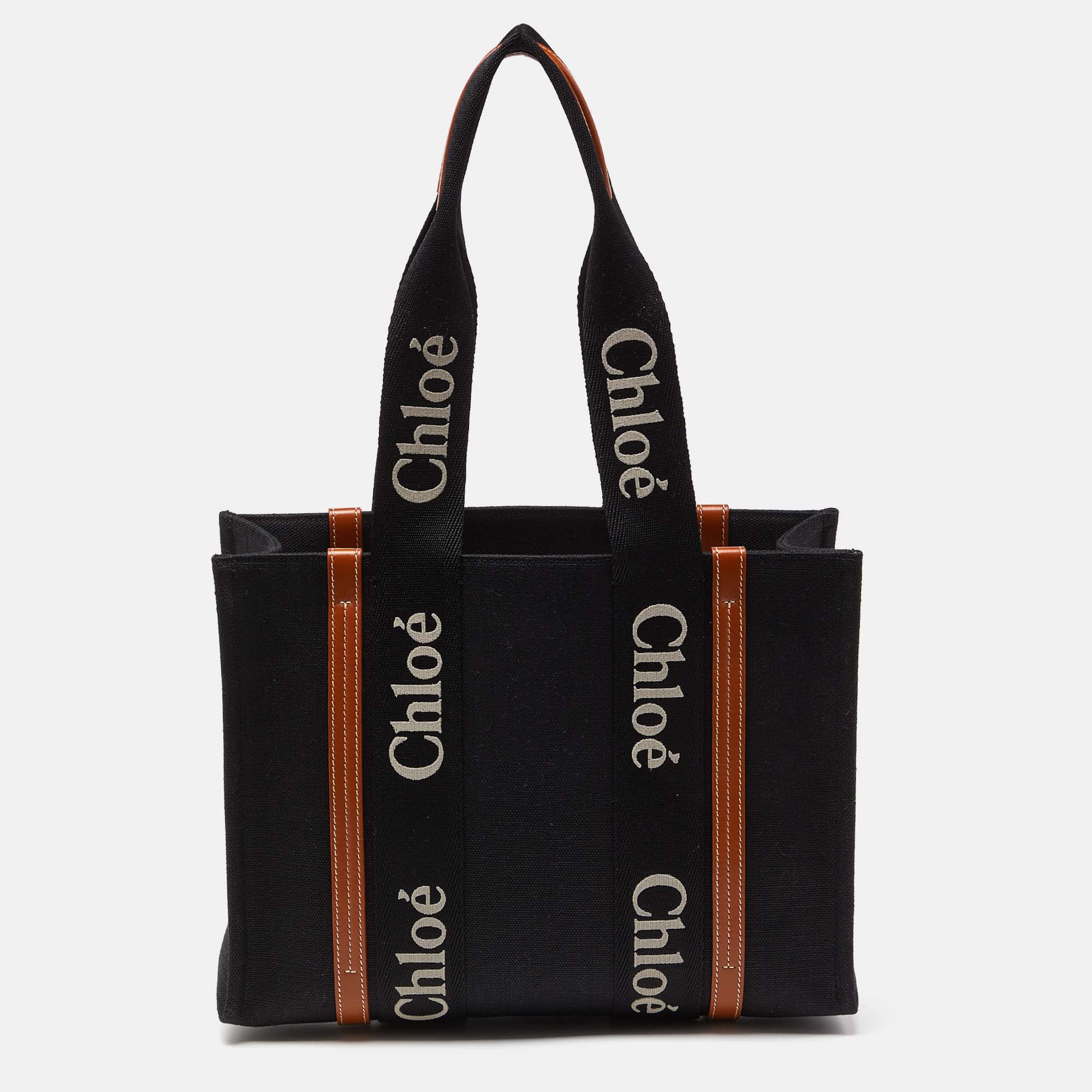 Chloe Black/Tan Canvas and Leather Medium Woody Tote, Tote Handbags - Luxury Closet catalog