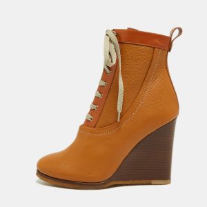Chloe Brown Leather Lace Up Wedge Ankle Boots Size 37.5, Boots - Luxury Closet catalog