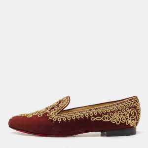 Christian Louboutin Burgundy Embroidered Suede Mamounia Smoking Slippers Size 40.5, Loafers & Slip-Ons - Luxury Closet