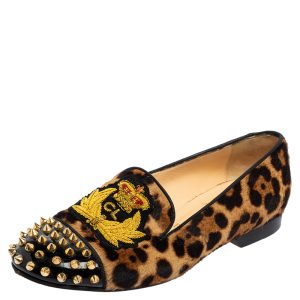Christian Louboutin Brown Leopard Print Calf Hair and Black Patent Leather Harvanana Spike Loafers Size 37, Loafers & Slip-Ons - Luxury Closet catalog