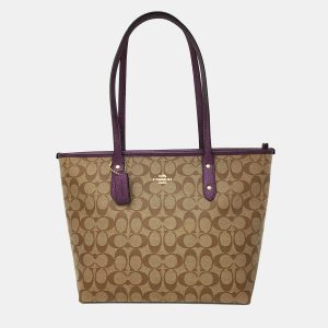 Coach Beige/Burgundy Signature Canvas and leather Gallery Tote, Tote Handbags - Luxury Closet catalog