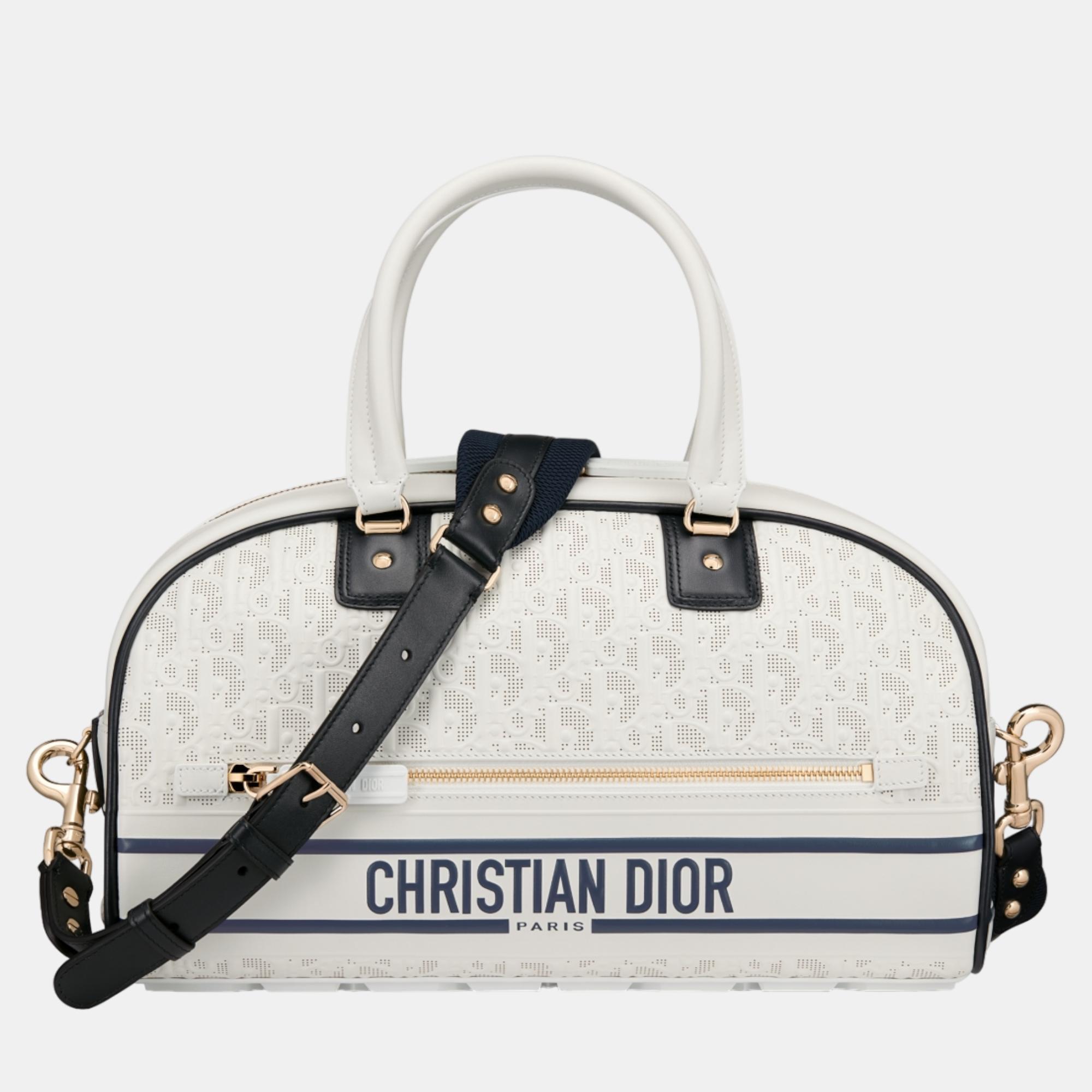 Christian Dior White Calfskin Medium Dior Vibe Zip Bowling Bag, Tote Handbags - Luxury Closet catalog