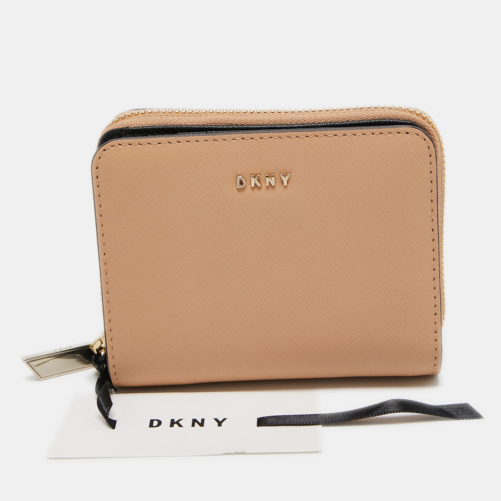 DKNY Beige Saffiano Leather Zip Around Compact Wallet, Wallets & Money Clips - Luxury Closet catalog