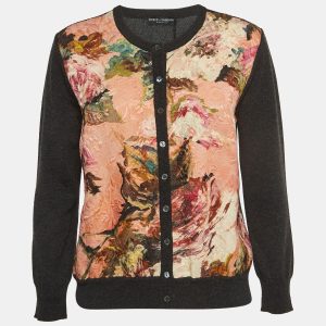 Dolce & Gabbana Pink/Grey Floral Jacquard Inserted Cashmere Cardigan L, Sweaters & Cardigans - Luxury Closet catalog