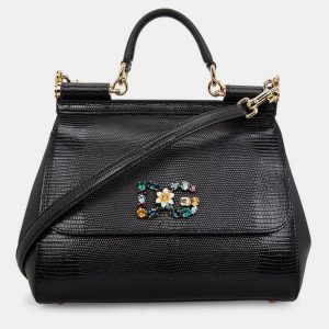 Dolce & Gabbana Black Lizard Embossed Leather Crystal DG Logo Medium Miss Sicily Bag, Handbags - Luxury Closet catalog