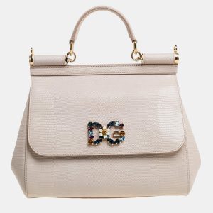 Dolce & Gabbana Beige Lizard Embossed Leather Crystal DG Logo Small Miss Sicily Bag, Handbags - Luxury Closet catalog