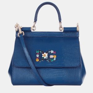 Dolce & Gabbana Blue Iguana Embossed Leather Crystal DG Logo Small Miss Sicily Bag, Handbags - Luxury Closet catalog