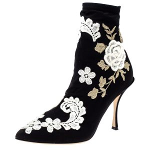 Dolce & Gabbana Black Jersey Flower Embroidered Stretch Booties Size 37, Boots - Luxury Closet catalog
