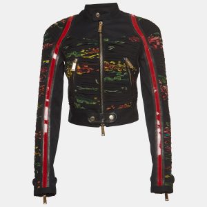 Dsquared2 Black Floral Print Leather Trim Denim Biker Jacket S, Coats & Jackets - Luxury Closet catalog