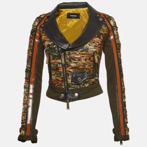 Dsquared2 Green Leather Trim Brocade and Denim Biker Jacket S, Coats & Jackets - Luxury Closet catalog