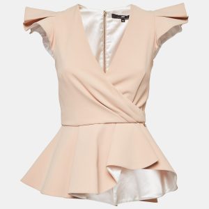 Elisabetta Franchi Beige Crepe Cap Sleeve Asymmetric Peplum Top S, Shirts & Tops - Luxury Closet catalog