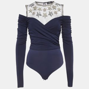 Elisabetta Franchi Navy Blue Embroidered Jersey Bodysuit M, Shirts & Tops - Luxury Closet catalog