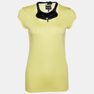 Emporio Armani Yellow Cotton & Modal Embellished Neck Detail T-Shirt M, Shirts & Tops - Luxury Closet