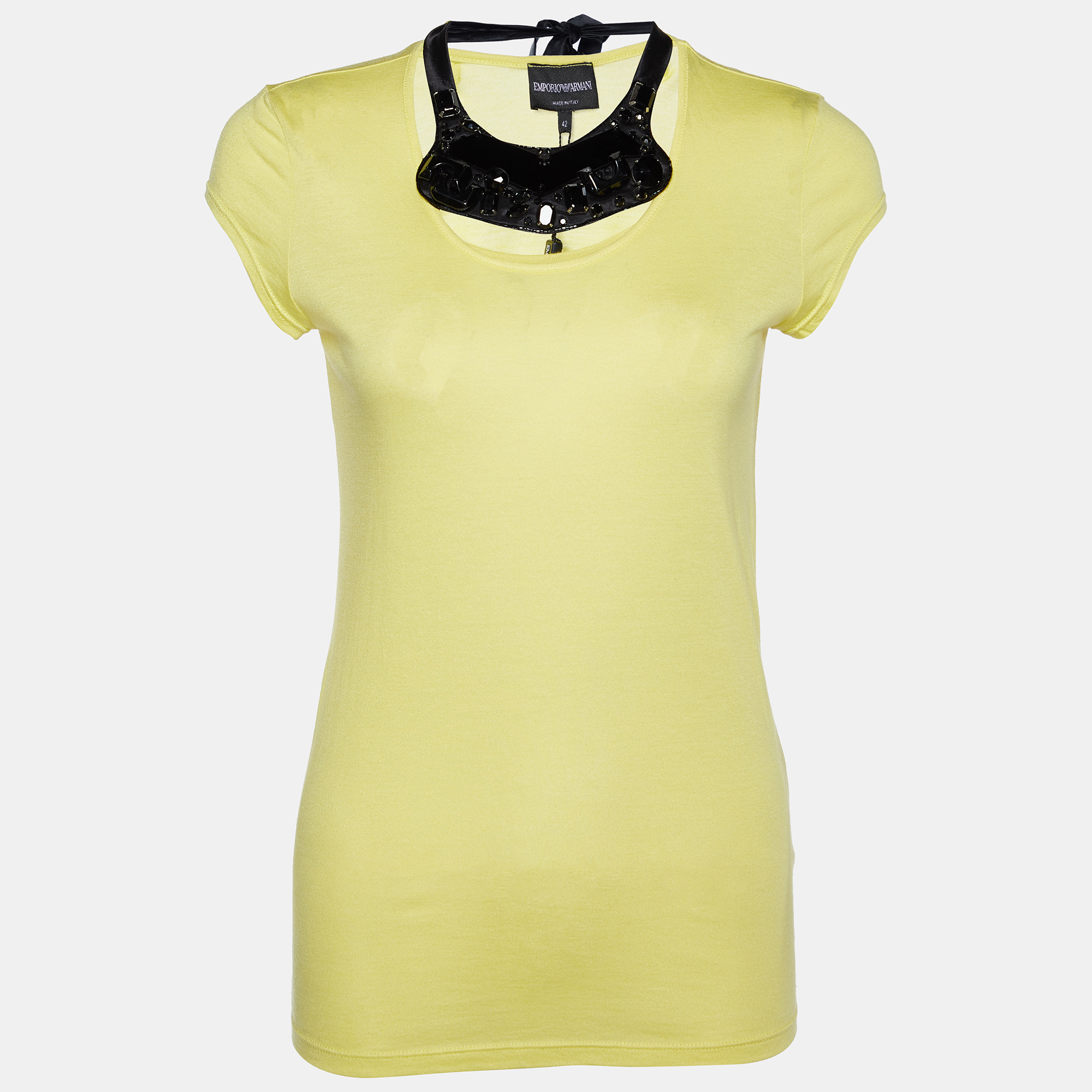 Emporio Armani Yellow Cotton & Modal Embellished Neck Detail T-Shirt M, Shirts & Tops - Luxury Closet