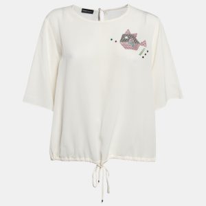 Emporio Armani Off White Embellished Silk Short Sleeve Blouse L, Shirts & Tops - Luxury Closet