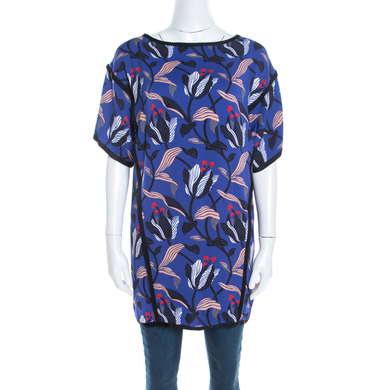 Escada Ink Blue Floral Print Silk Blend Naternia Tunic Top M, Shirts & Tops - Luxury Closet catalog