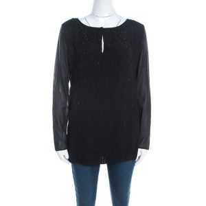 Escada Black Pintucked Pleat Silk Crystal Embellished Long Sleeve Blouse M, Shirts & Tops - Luxury Closet catalog