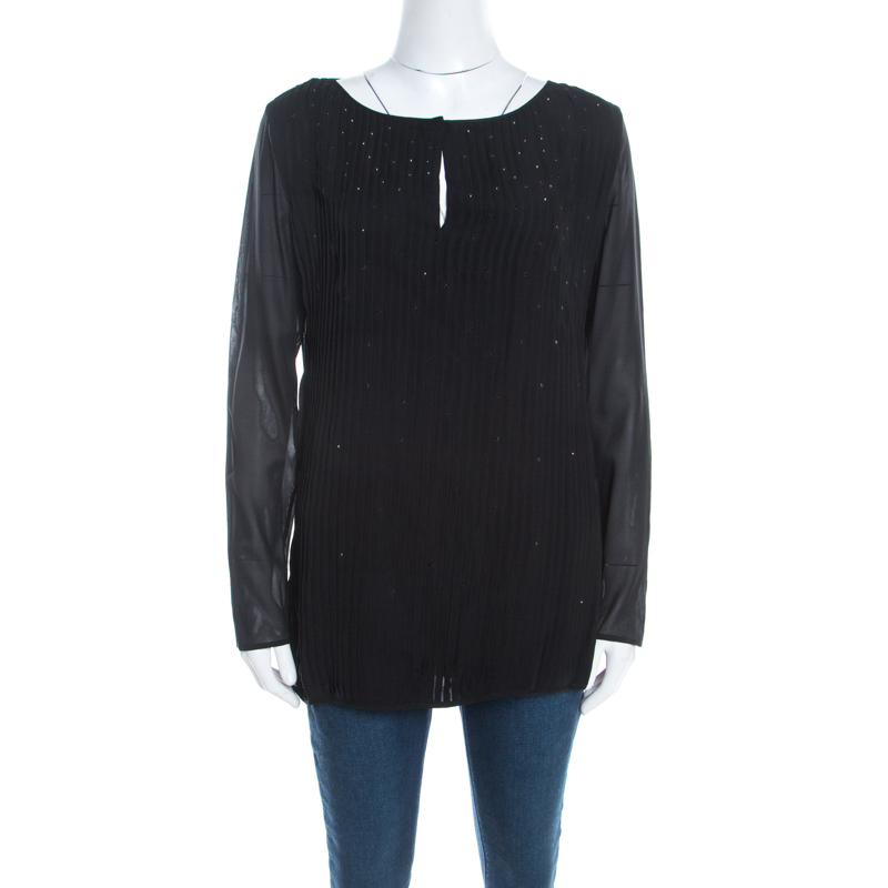 Escada Black Pintucked Pleat Silk Crystal Embellished Long Sleeve Blouse M, Shirts & Tops - Luxury Closet catalog