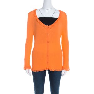 Escada Orange Rib Knit Crochet Trim Button Front Cardigan L, Sweaters & Cardigans - Luxury Closet catalog