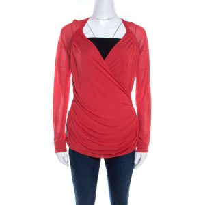 Escada Red Knit Ruched Crossover Front Long Sleeve Top L, Shirts & Tops - Luxury Closet catalog