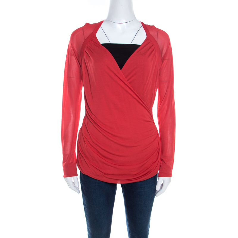 Escada Red Knit Ruched Crossover Front Long Sleeve Top L, Shirts & Tops - Luxury Closet catalog