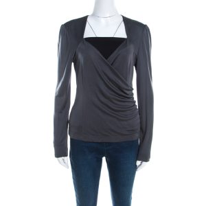 Escada Grey Silk Knit Ruched Crossover Front Long Sleeve Top M, Shirts & Tops - Luxury Closet catalog