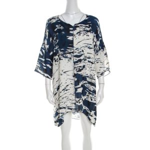 Escada Blue Fantasy Print Silk Asymmetric Hem Oversized Nurdan Tunic M, Shirts & Tops - Luxury Closet catalog