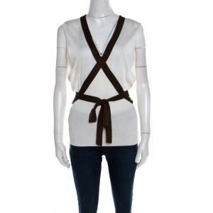Escada Cream Knit Contrast Tie Up Trim Sleeveless Top L, Shirts & Tops - Luxury Closet catalog