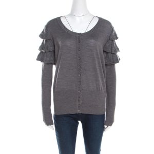 Escada Grey Wool and Mohair Ruffled Sleeve Detail Button Front Cardigan L, Sweaters & Cardigans - Luxury Closet catalog