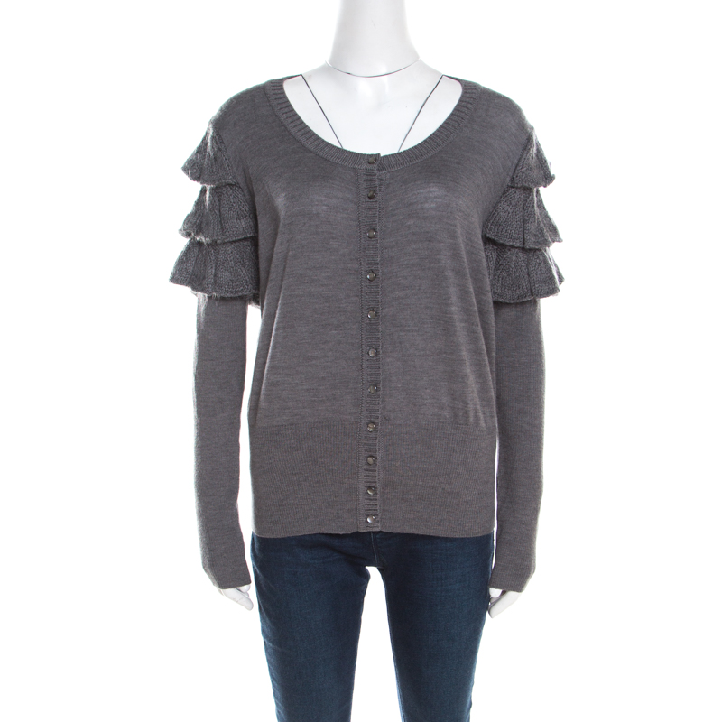 Escada Grey Wool and Mohair Ruffled Sleeve Detail Button Front Cardigan L, Sweaters & Cardigans - Luxury Closet catalog