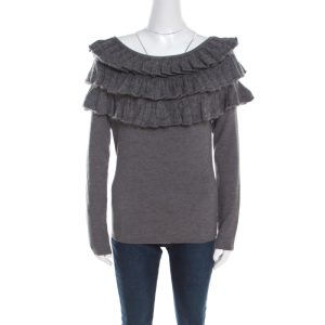 Escada Grey Wool and Mohair Ruffled Bodice Detail Long Sleeve Sweater L, Sweaters & Cardigans - Luxury Closet catalog
