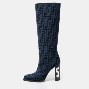 Fendi Blue/Black FF Jacquard Chenille Knee Length Boots Size 37.5, Boots - Luxury Closet catalog