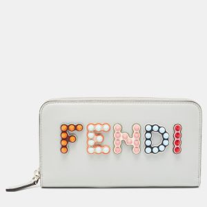 Fendi Grey Leather Logo Studded Zip Around Wallet, Wallets & Money Clips - Luxury Closet catalog