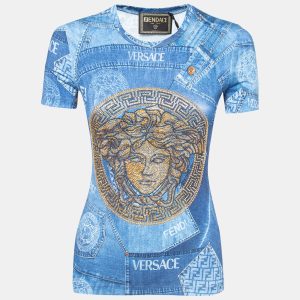 Fendi x Versace Blue Denim Print Logo Embellished Jersey T-Shirt M, Shirts & Tops - Luxury Closet catalog
