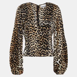 Ganni Beige Leopard Print Silk Long Sleeve Top M (EU 36), Shirts & Tops - Luxury Closet catalog