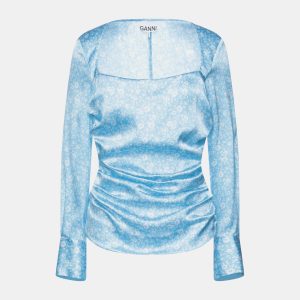 Ganni Blue Printed Silk Ruched Top L (EU 40), Shirts & Tops - Luxury Closet catalog