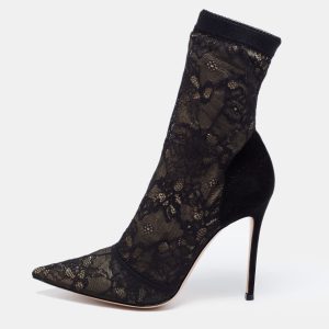 Gianvito Rossi Black/Beige Suede And Lace Ankle Boots Size 40.5, Boots - Luxury Closet
