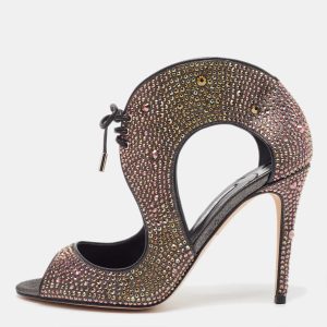 Gina Brown Satin and Leather Crystal Embellished Cut Out Lace Up Booties Size 40, Boots - Luxury Closet catalog