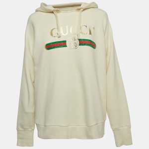 Gucci Cream Logo Print Embroidered Cotton Knit Hoodie XS, Clothing - Luxury Closet