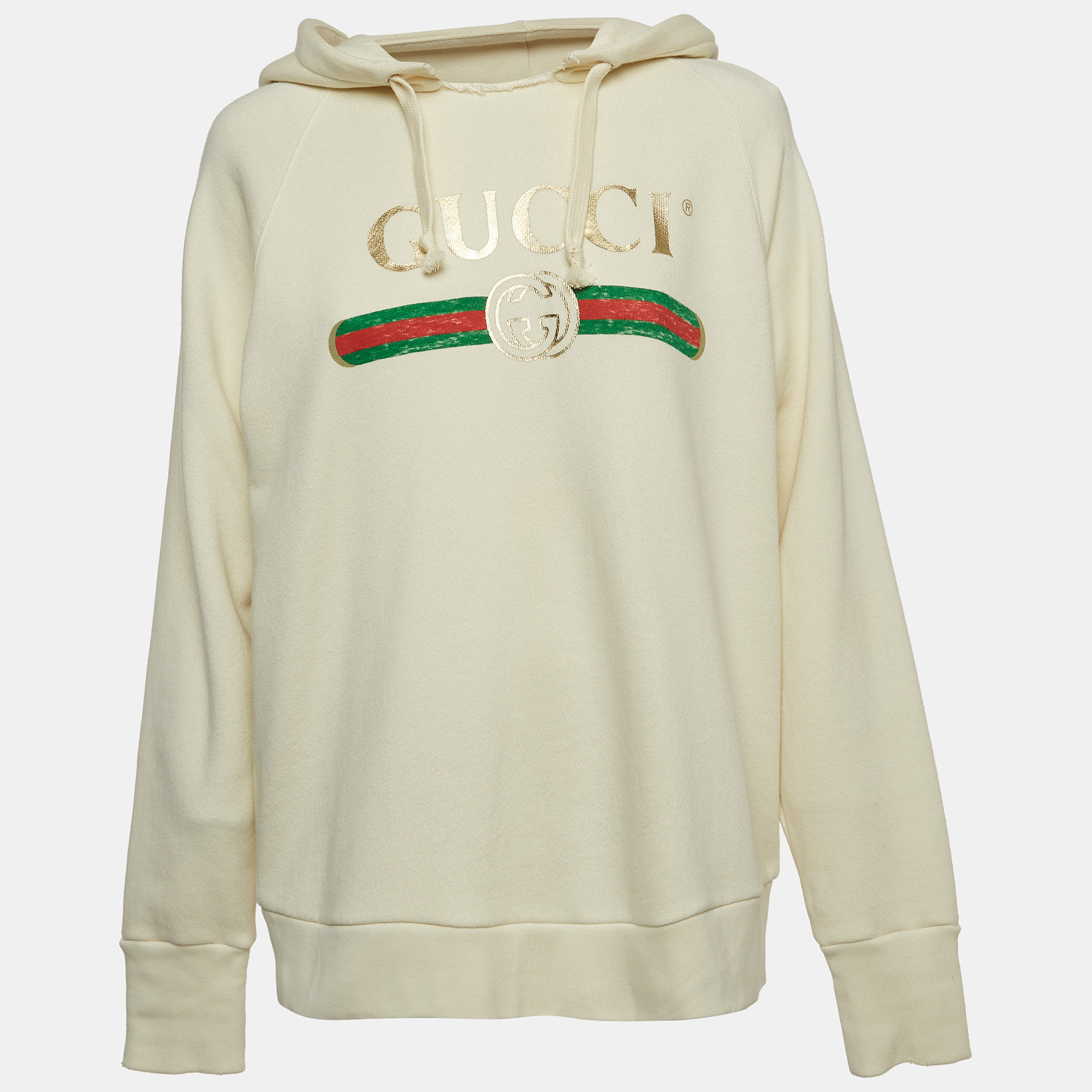 Gucci Cream Logo Print Embroidered Cotton Knit Hoodie XS, Clothing - Luxury Closet