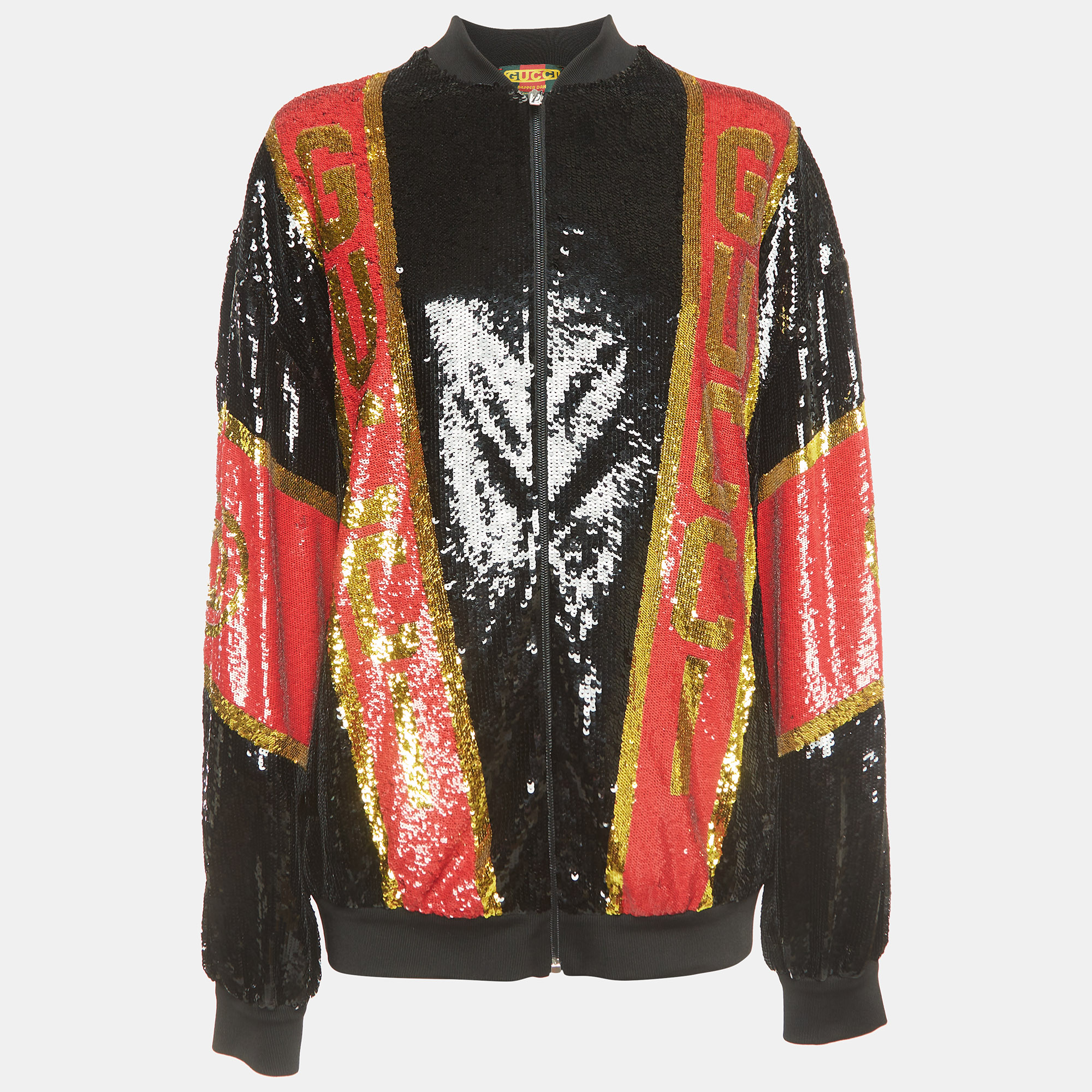 Gucci Dapper Dan Black/Red Logo Motif Sequin Bomber Jacket S, Coats & Jackets - Luxury Closet