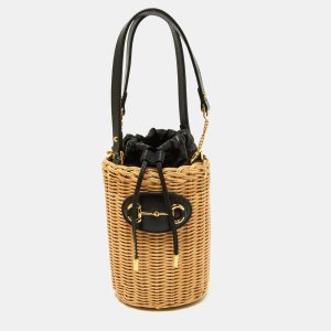 Gucci Beige/Black Wicker and Leather Horsebit 1955 Bucket Bag, Shoulder Bags - Luxury Closet catalog