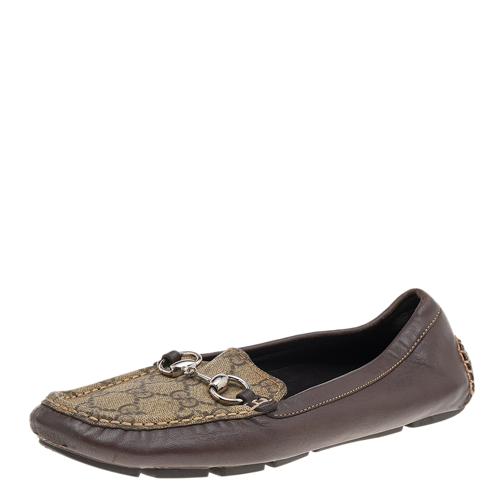 Gucci Beige/Brown GG Supreme Canvas And Leather Horsebit Slip On Loafers Size 39.5, Loafers & Slip-Ons - Luxury Closet catalog