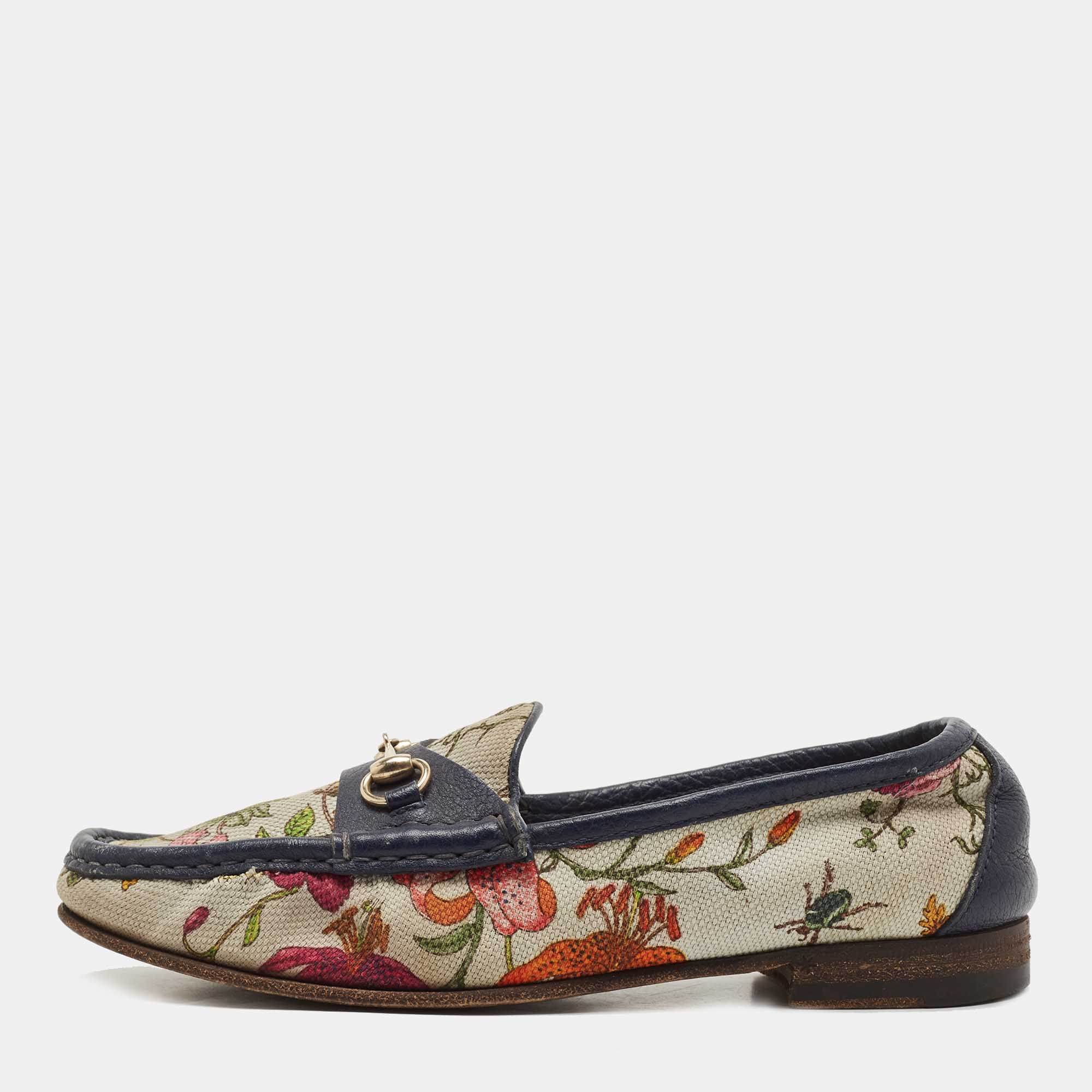 Gucci Navy Blue/White Leather and Floral Print Canvas 1953 Horsebit Loafers Size 36, Loafers & Slip-Ons - Luxury Closet catalog