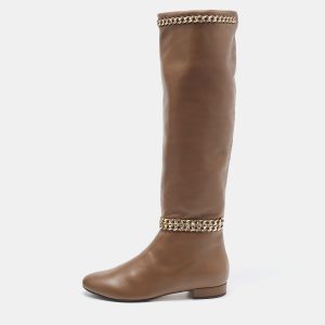 Le Silla Brown Leather Chain Detail Knee Length Boots Size 37.5, Boots - Luxury Closet catalog