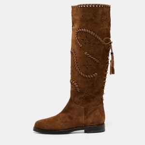 Le Silla Brown Laser Cut Suede Whipstitched Knee Length Boots Size 37, Boots - Luxury Closet catalog
