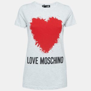 Love Moschino Grey Logo Print Cotton Crew Neck T-Shirt S, Shirts & Tops - Luxury Closet