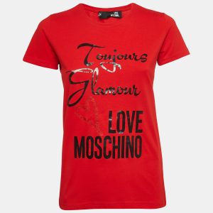 Love Moschino Red Printed Cotton Knit Crew Neck T-Shirt S, Shirts & Tops - Luxury Closet