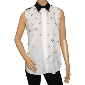 Marni White Embellished Poplin Contrast Collar & Yoke Detailed Sleeveless Shirt M, Shirts & Tops - Luxury Closet