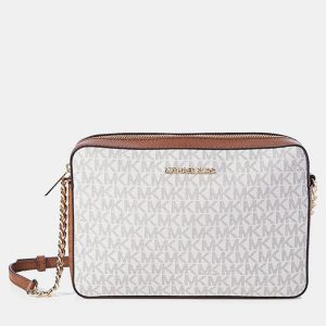 Michael Kors Brown/White Signature Coated Canvas and Leather Jet Crossbody Bag, Shoulder Bags - Luxury Closet catalog